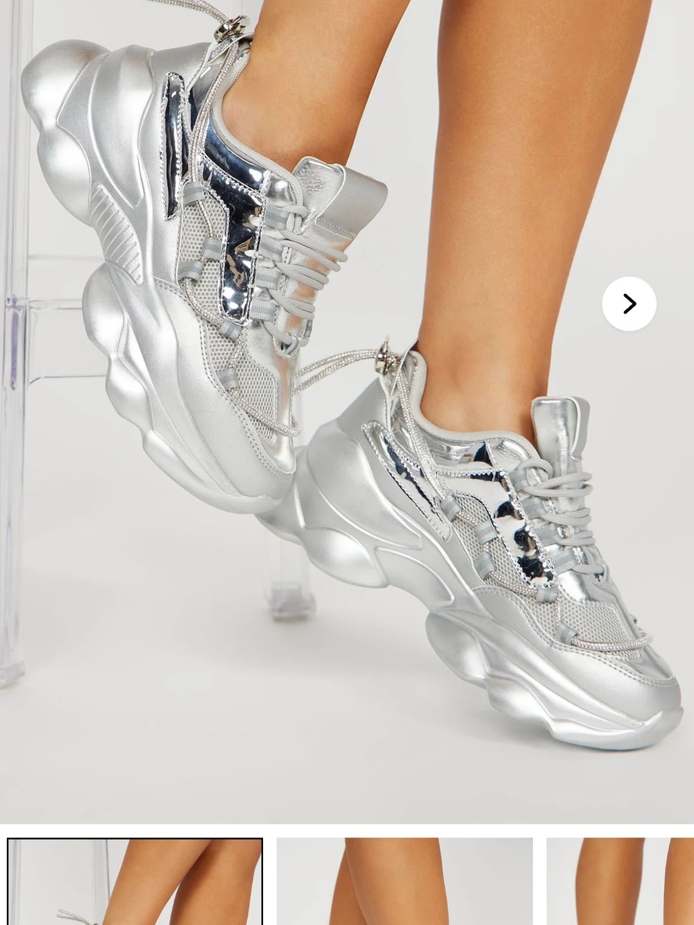 Silver Chunky Platform Sneakers - Women's Metallic Lace-Up